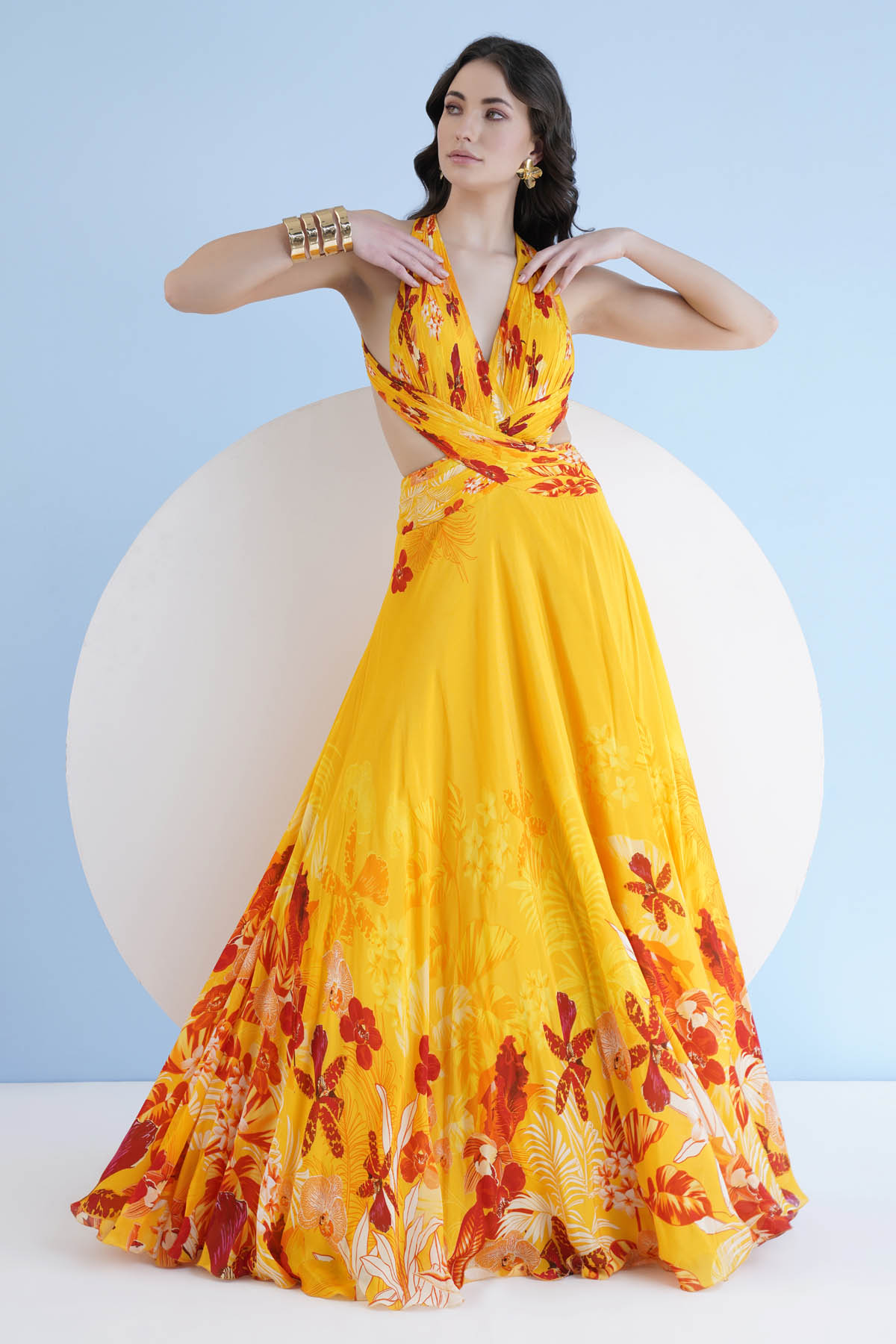 Buy Yellow Red Printed Long Dress by Mandira Wirk